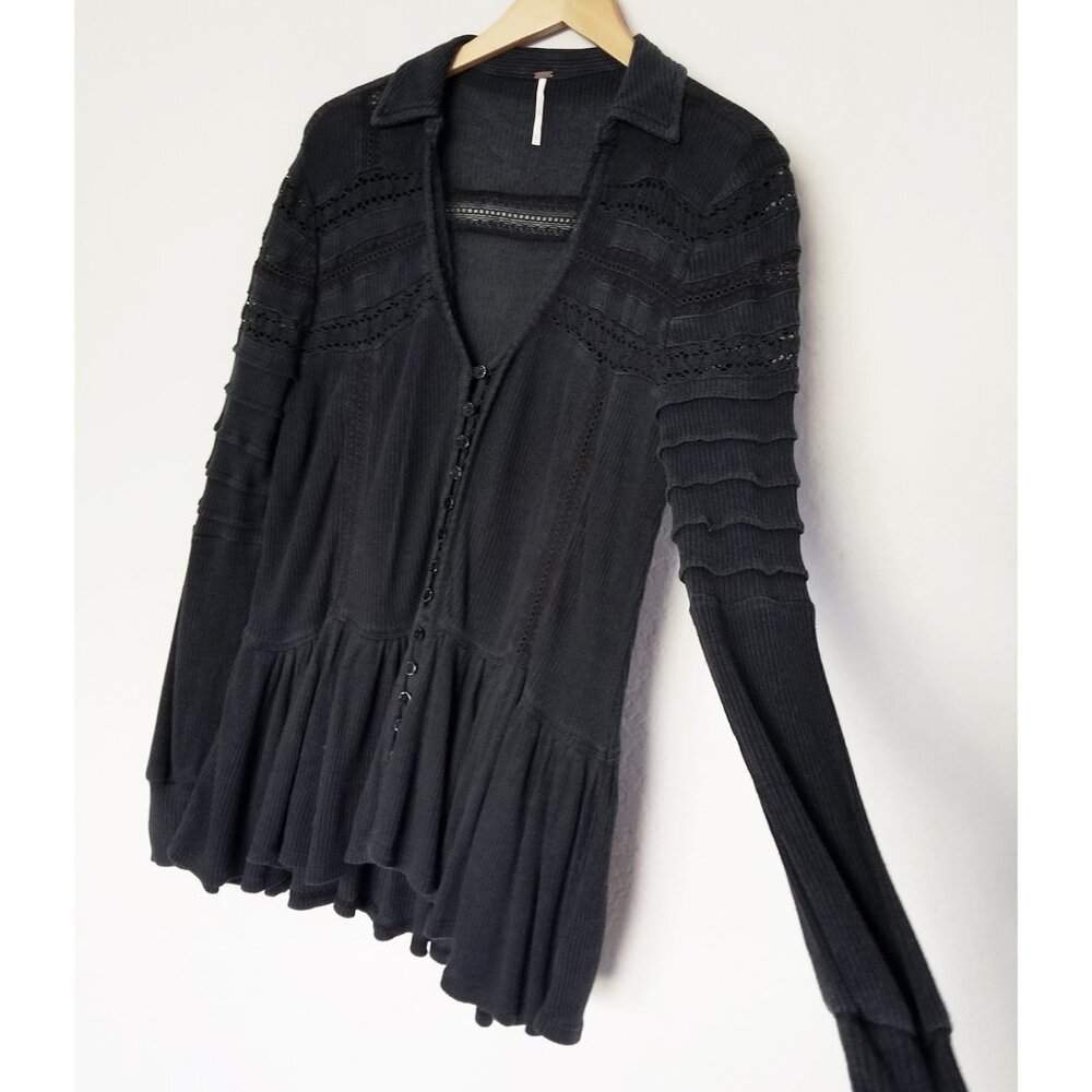 Free People Set To Stun Lace-Inset Low V Neck Collar Tunic Top Black XS $108 - Picture 16 of 16
